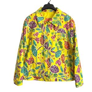 Redd Jeans Womens Yellow Tropical Leaf Sequin Zip Denim Style Jacket Size 18
